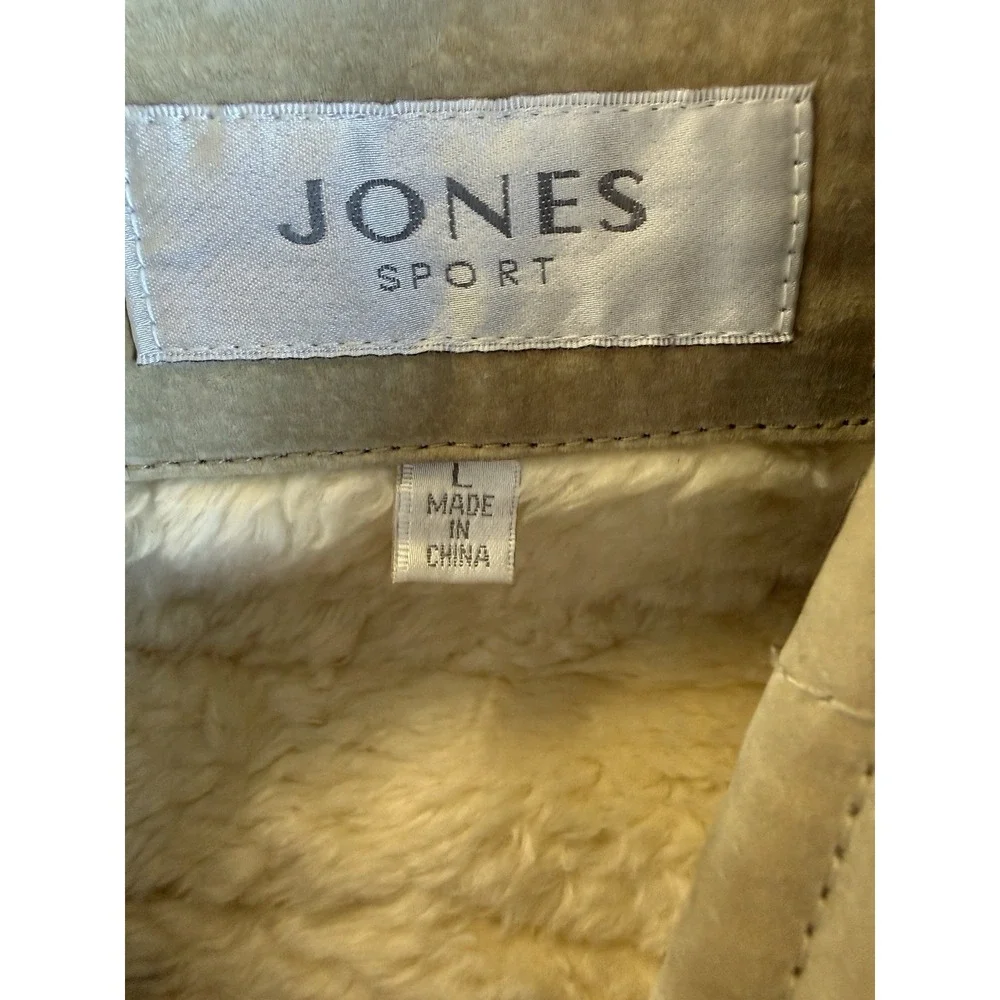 Jones NY Womens Penny Lane Suede Faux Fur Lined Coat Size L Hood Zip Tan *flaws